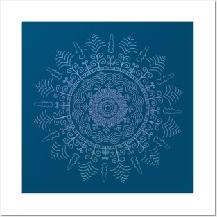 Mandala in Purple, Green and Blue Tones on a Dark Blue Background Posters and Art